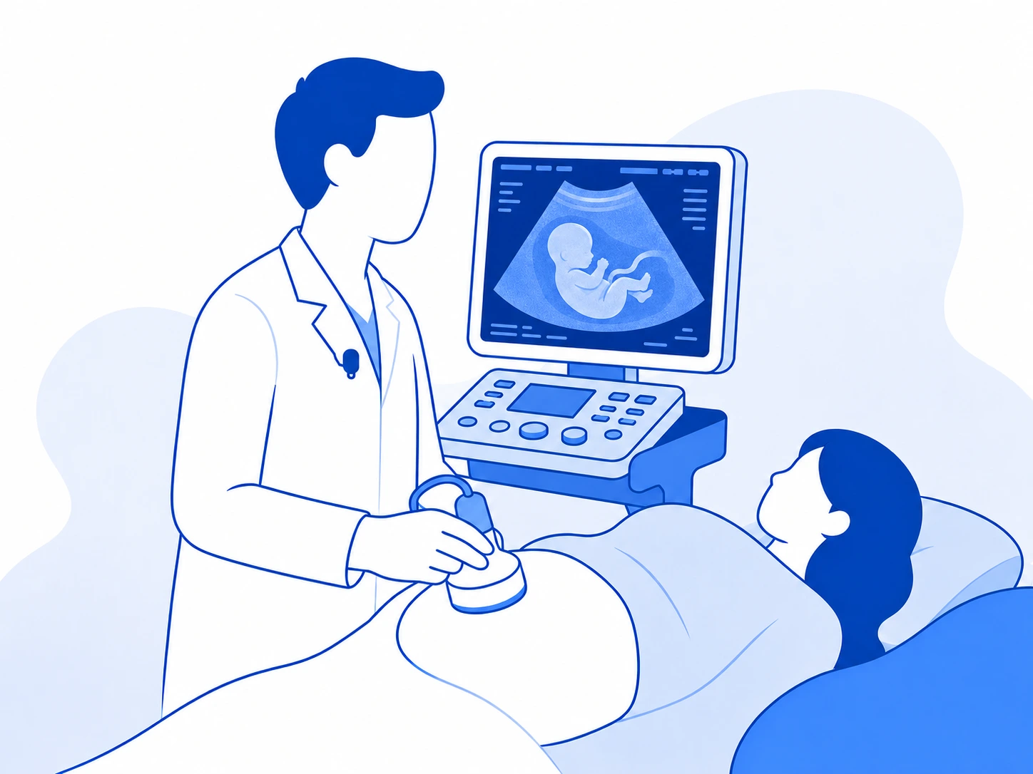 Médico realizando ultrassonografia obstétrica em gestante, com microfone de lapela